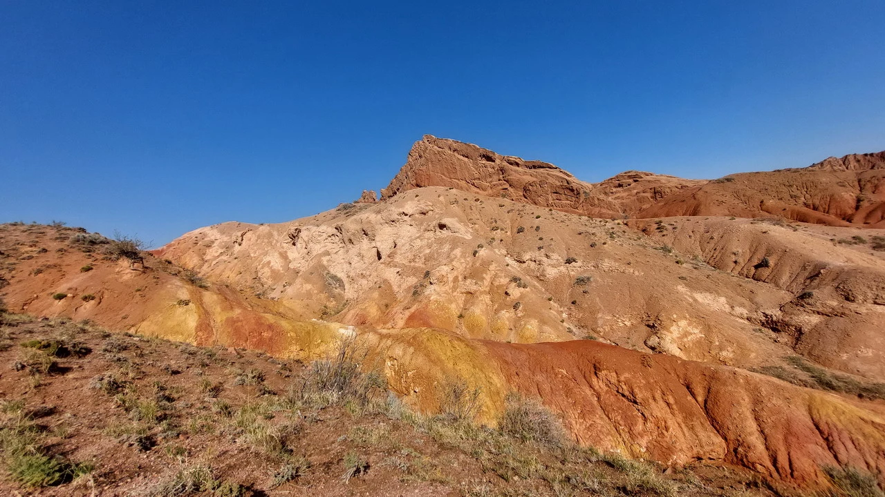 Paesaggio di canyon rossi e marroni in Asia Centrale.