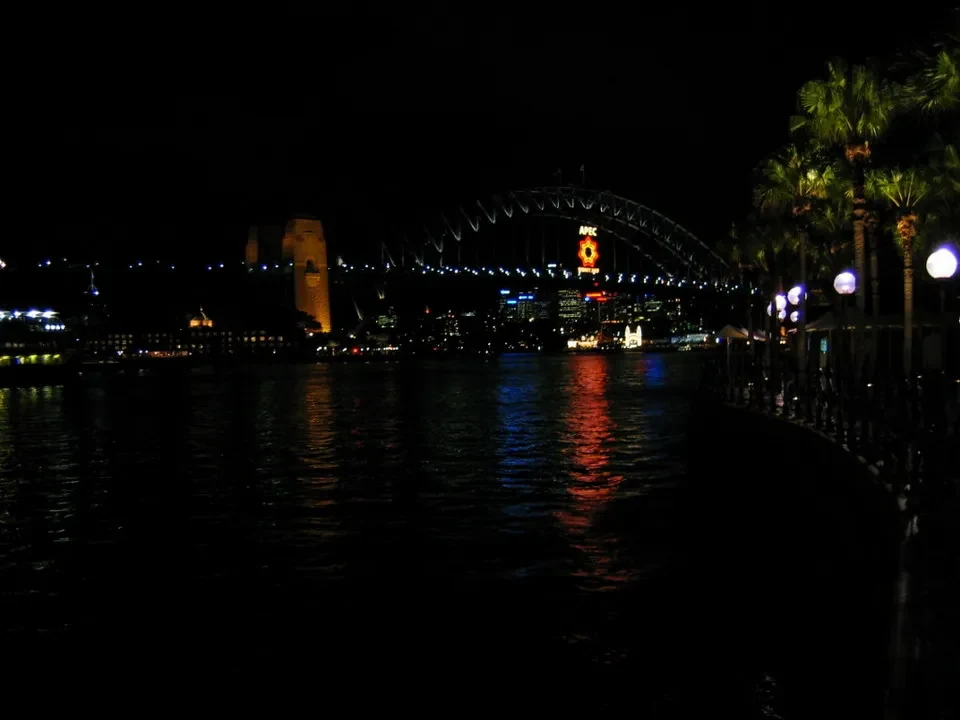 La vista notturna del ponte di Sydney sull'acqua.