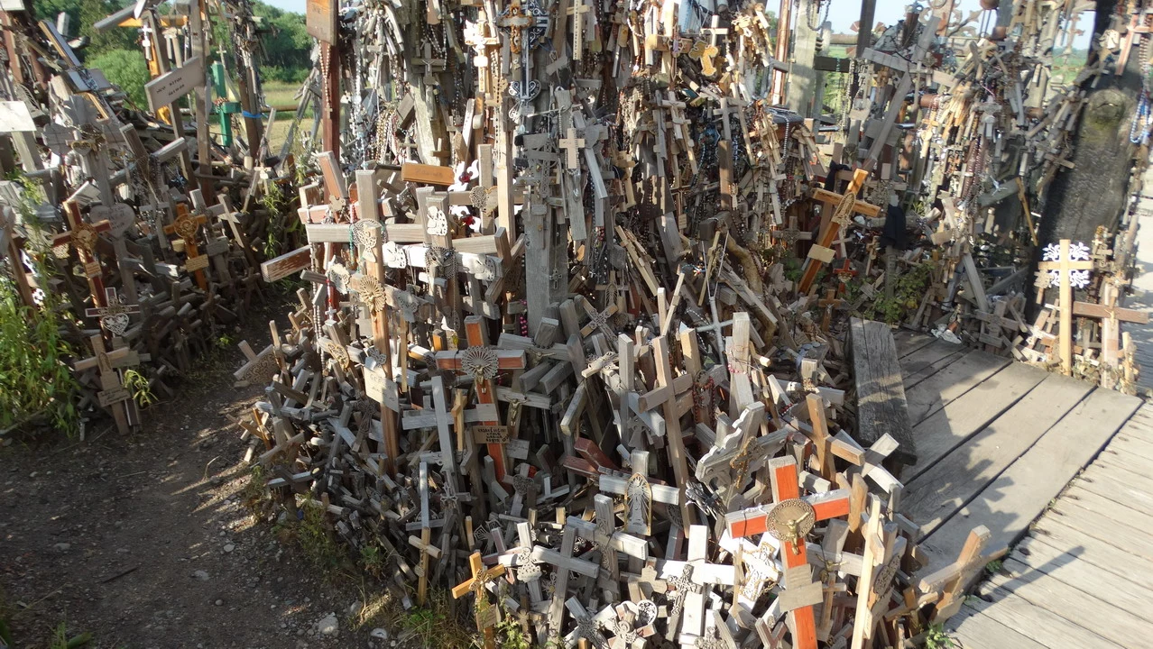 Una galleria di croci in legno sparse su un sentiero di legno all'aperto.
