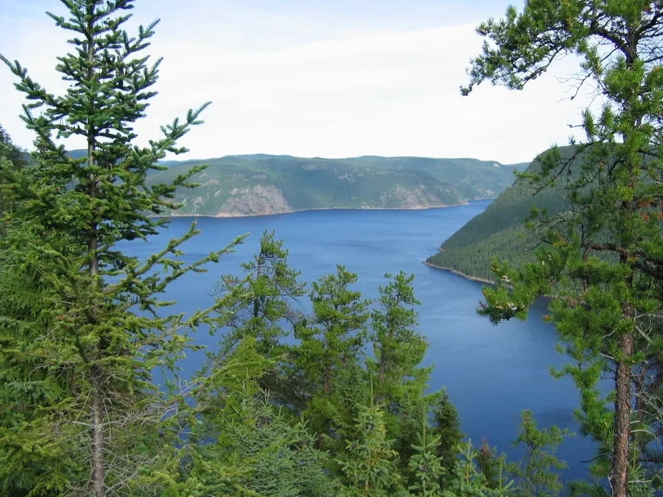 Paesaggio panoramico di un lago circondato da foreste boschive in Canada orientale.