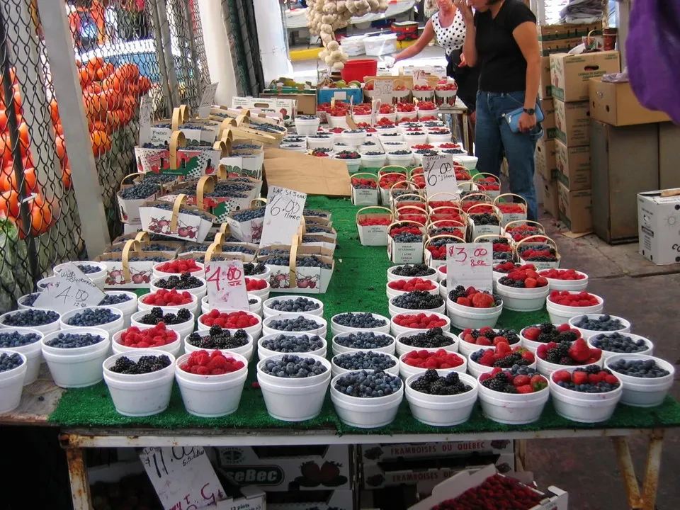Una galleria di frutta fresca con mirtilli e fragole allestita in casse.