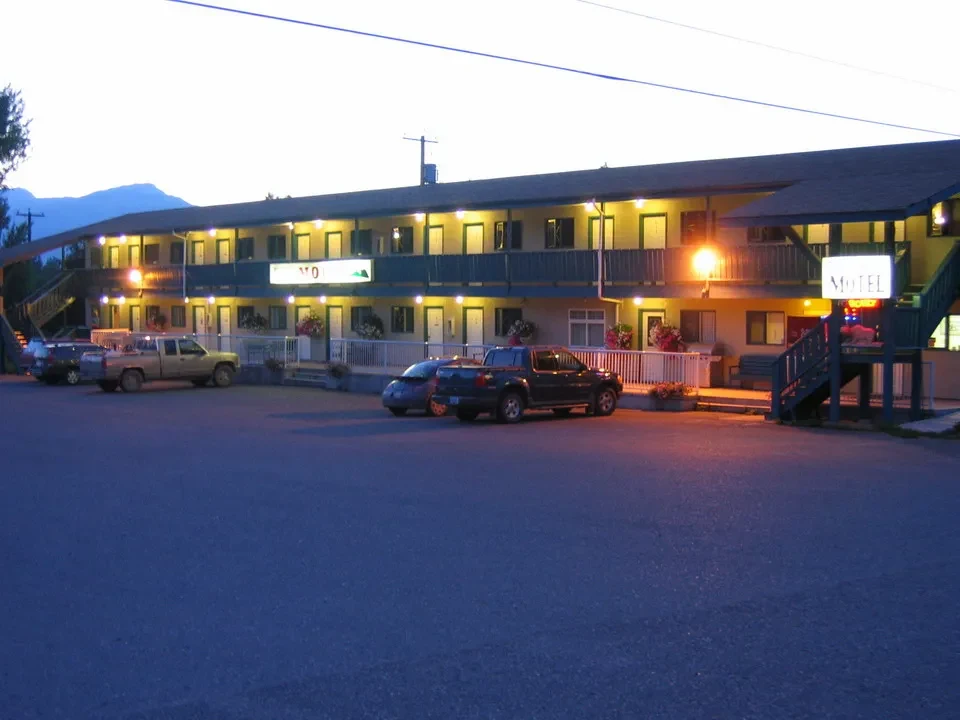 Hotel Hazelton in Canada West at dusk.