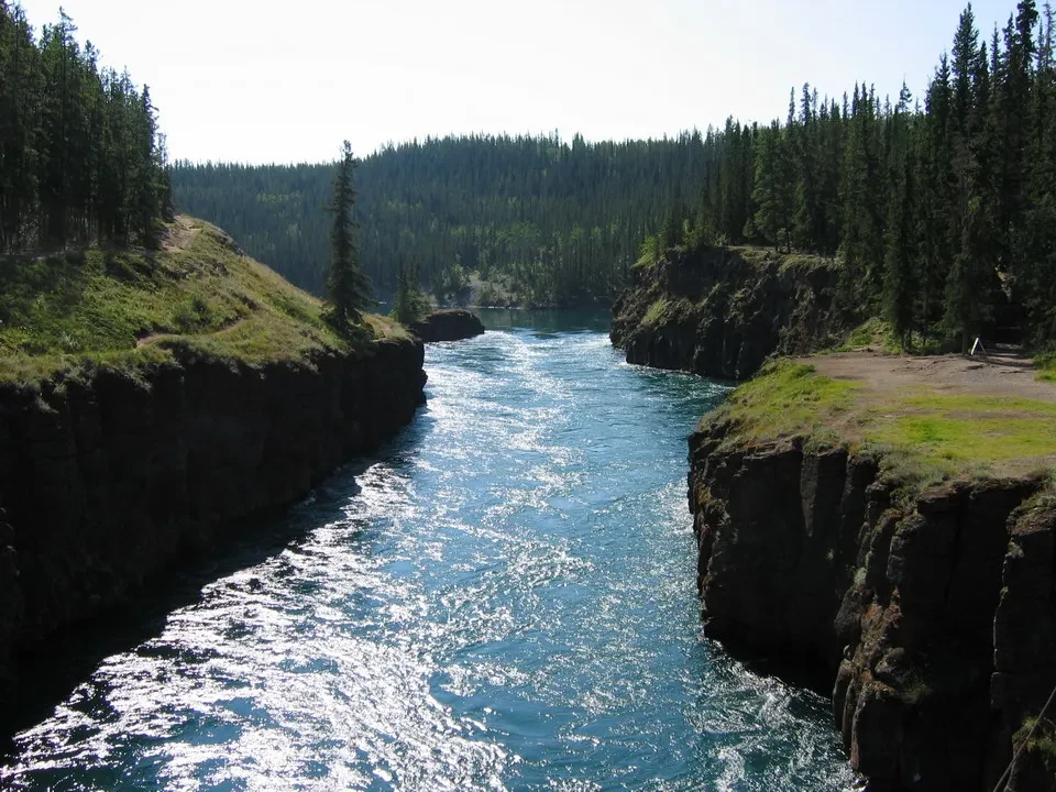 Un fiume blu scorre attraverso gole rocciose boscose in Canada occidentale.