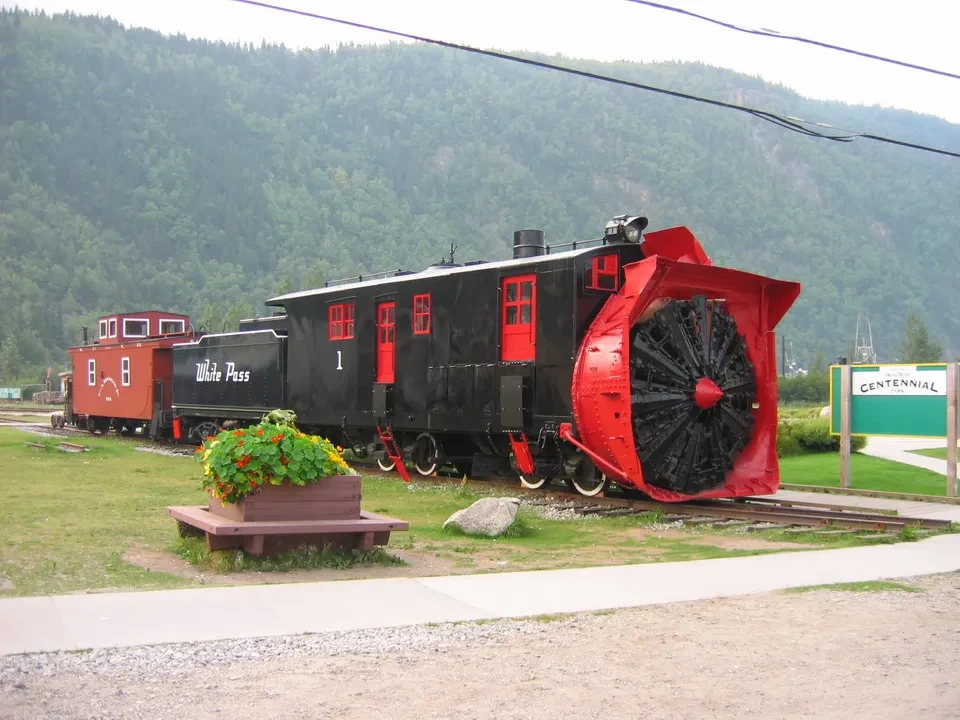 Una locomotiva a vapore nera e rossa è parcheggiata su una linea ferroviaria in un paesaggio boscoso.