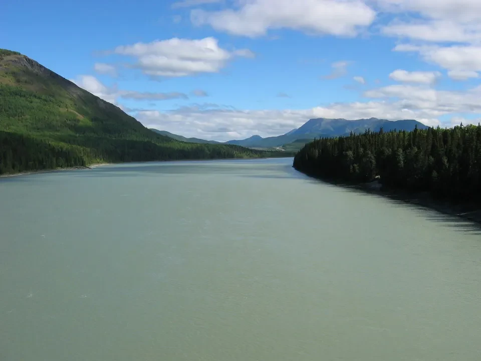 Paesaggio fluviale con montagne boscose in Canada Occidentale.