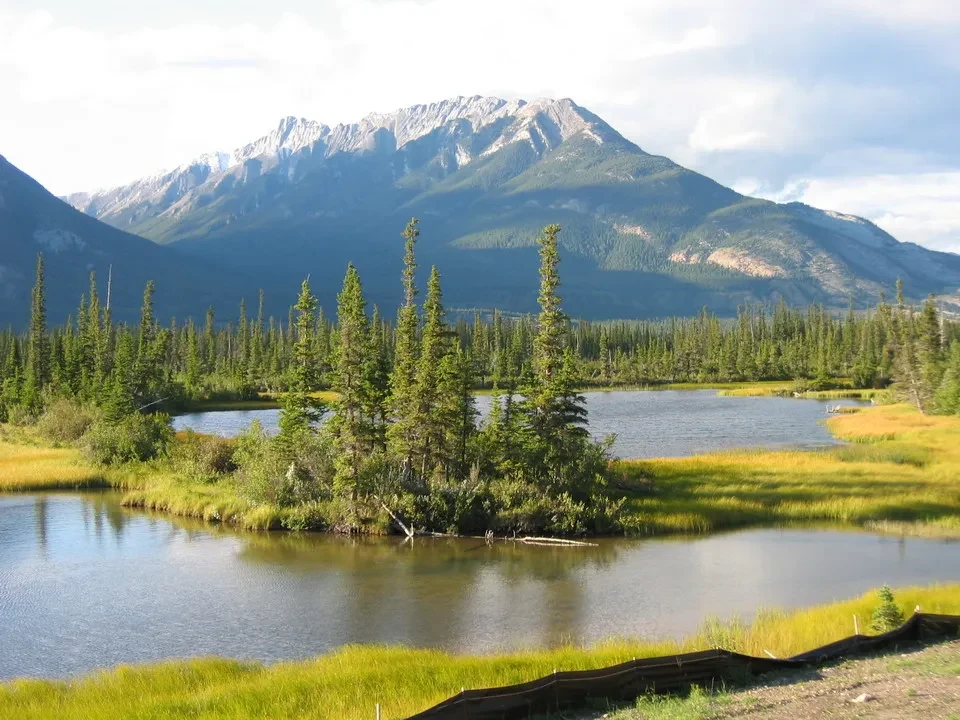 Paesaggio montano con un lago e una foresta in Canada Occidentale.