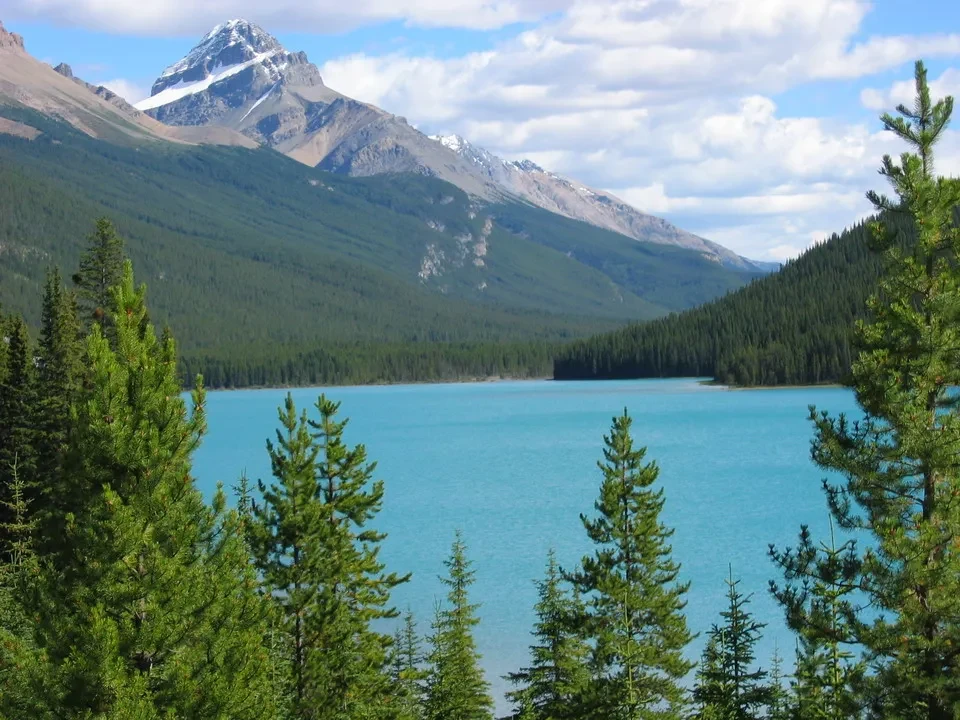 A lake surrounded by snow-capped mountains and lush forests.