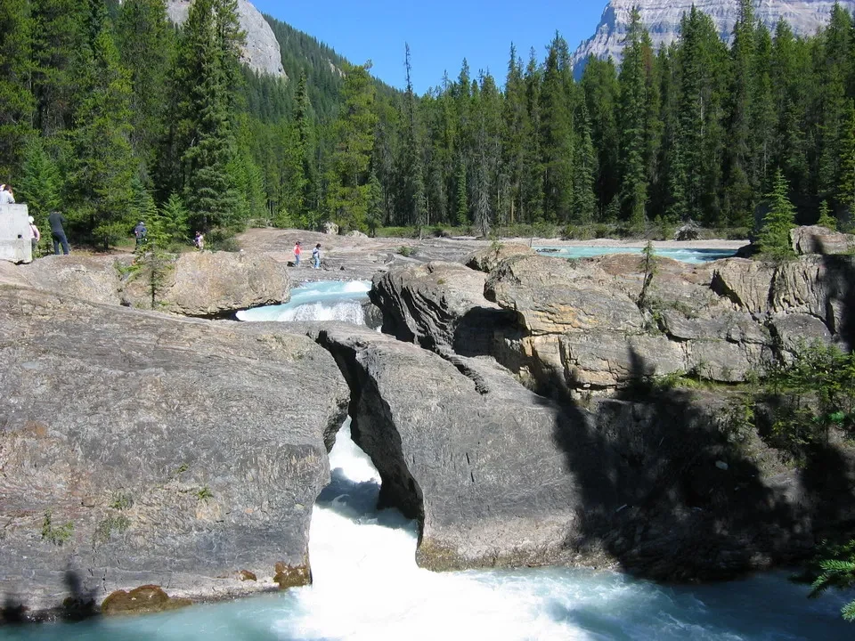 Un fiume scorre attraverso una gola rocciosa in un paesaggio boscoso.