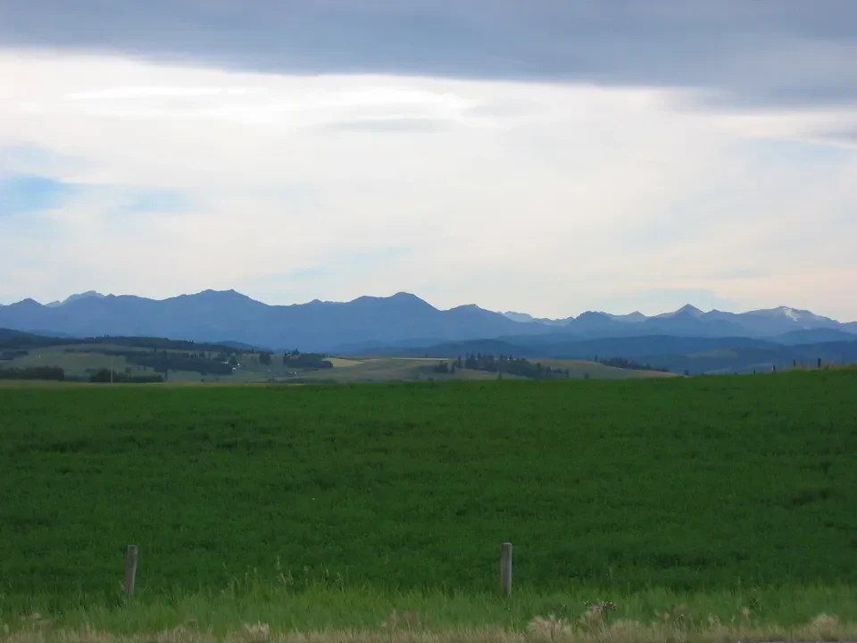 Paesaggio rurale con campi verdi e catene montuose lontane sotto un cielo nuvoloso.